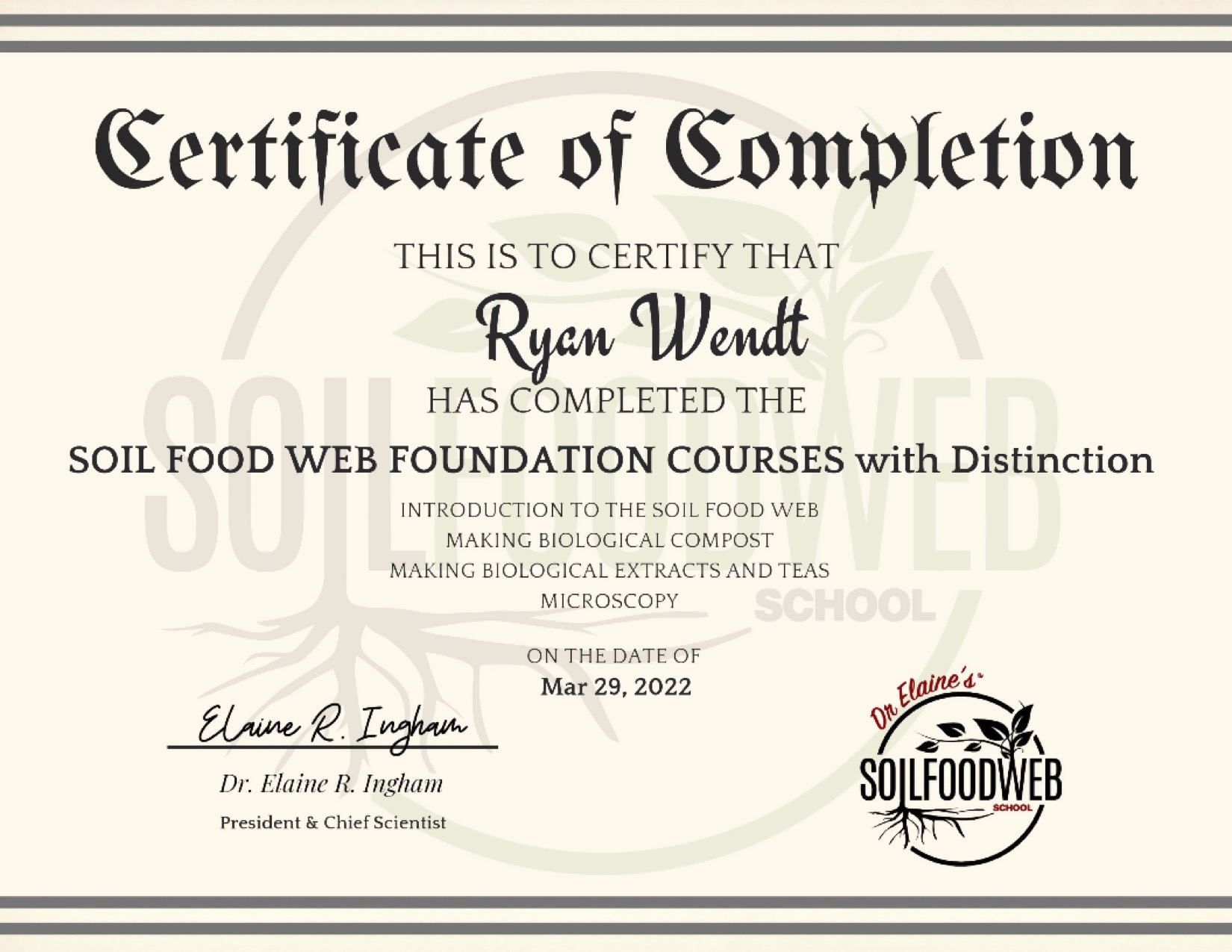 Soil Food Web School - FC Certificate